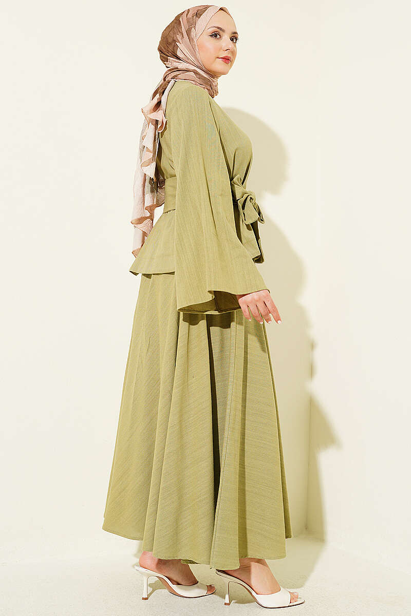 Belted Linen Skirt Set with Gold Buttons - Khaki