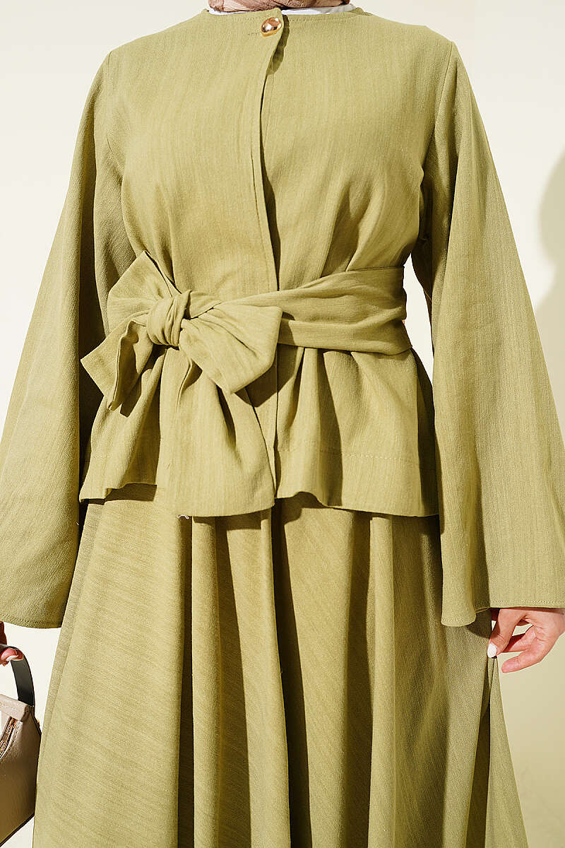 Belted Linen Skirt Set with Gold Buttons - Khaki
