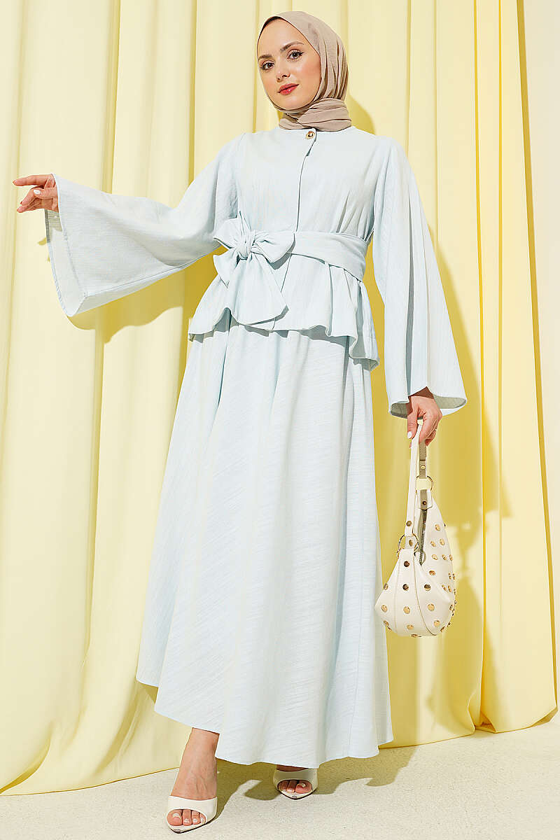 Belted Linen Skirt Set with Gold Buttons - Mint