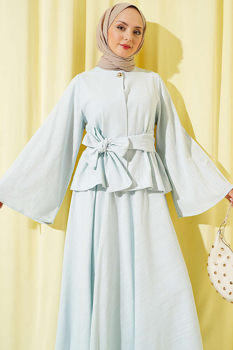 Belted Linen Skirt Set with Gold Buttons - Mint