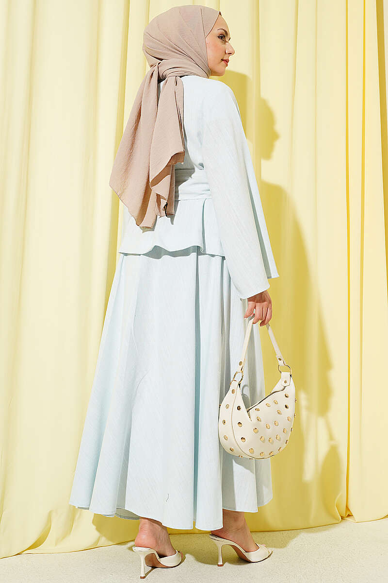Belted Linen Skirt Set with Gold Buttons - Mint