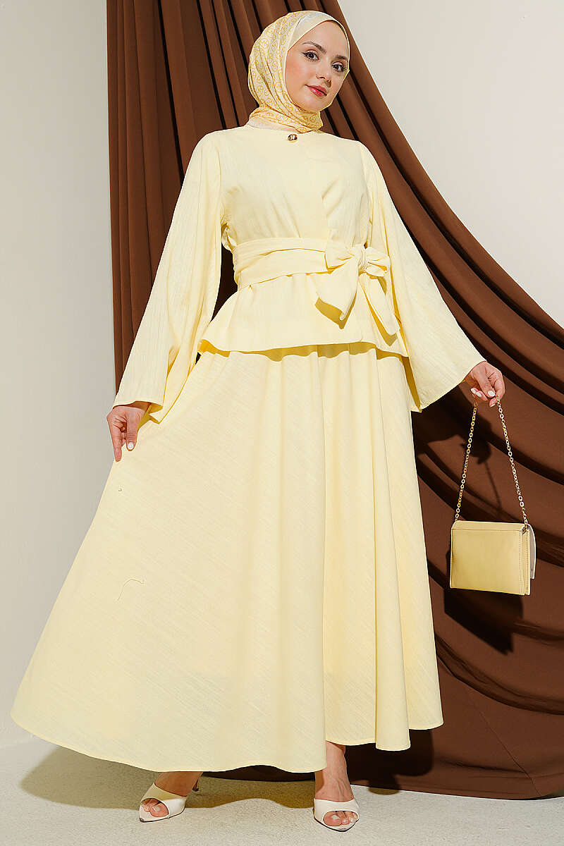 Belted Linen Skirt Set with Gold Buttons - Yellow