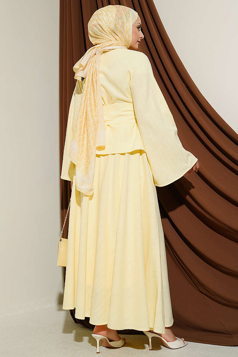 Belted Linen Skirt Set with Gold Buttons - Yellow