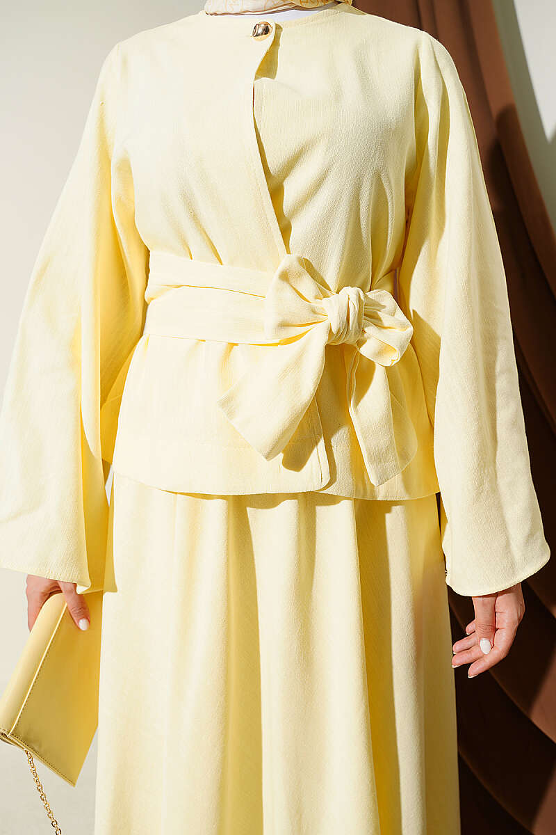 Belted Linen Skirt Set with Gold Buttons - Yellow