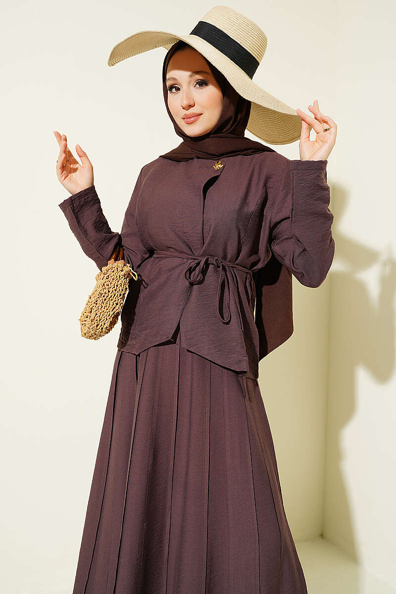 Belted Pleated Skirt Set with Gold Buttons - Dark Brown
