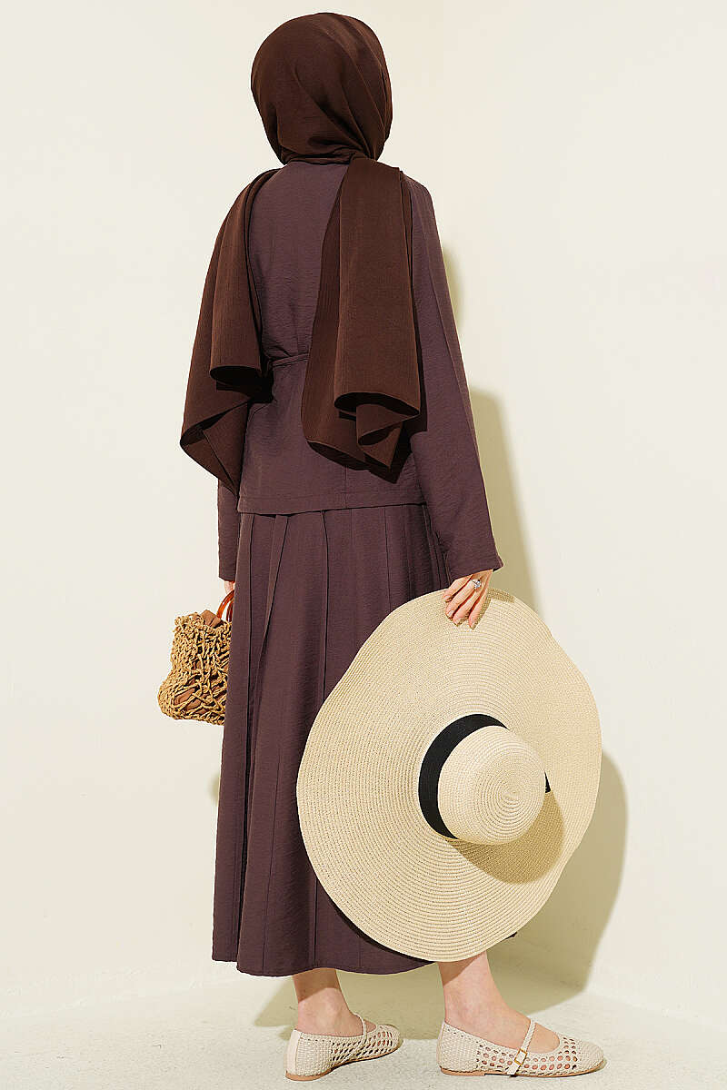 Belted Pleated Skirt Set with Gold Buttons - Dark Brown