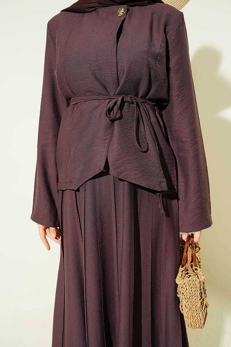 Belted Pleated Skirt Set with Gold Buttons - Dark Brown