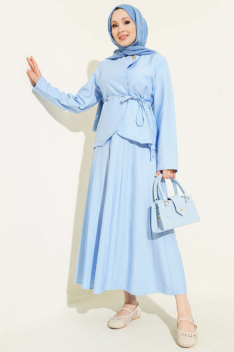 Belted Pleated Skirt Set with Gold Buttons - Light Blue