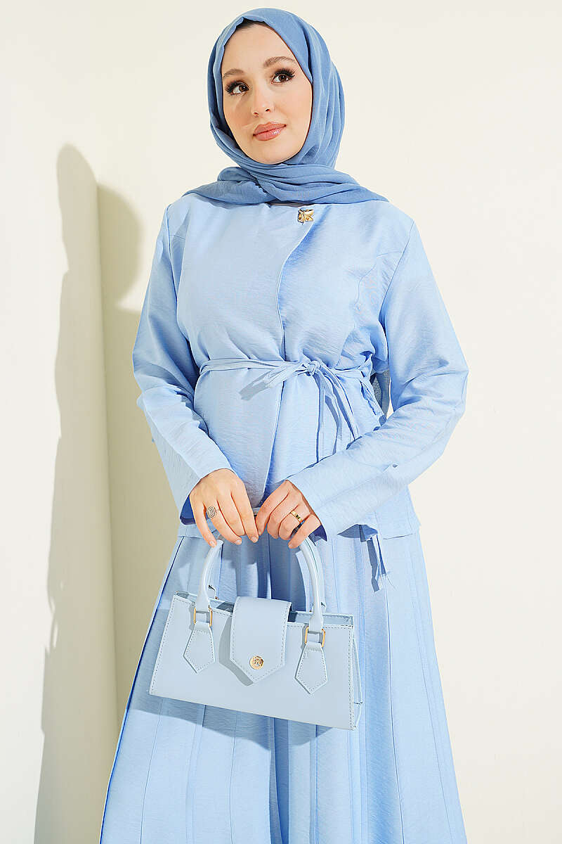 Belted Pleated Skirt Set with Gold Buttons - Light Blue