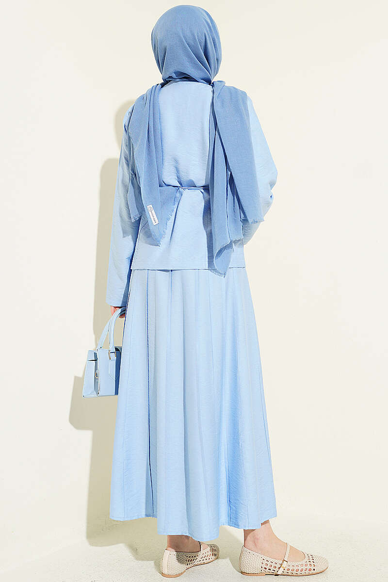 Belted Pleated Skirt Set with Gold Buttons - Light Blue