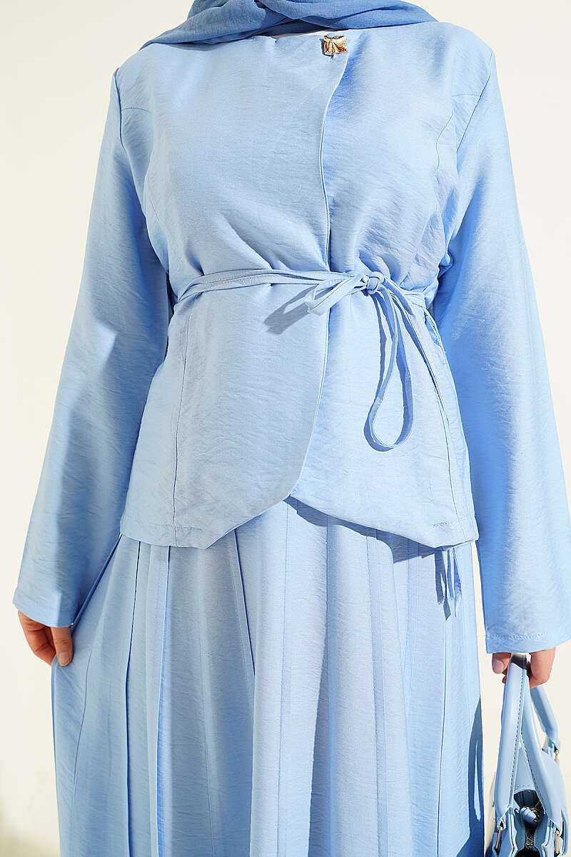 Belted Pleated Skirt Set with Gold Buttons - Light Blue