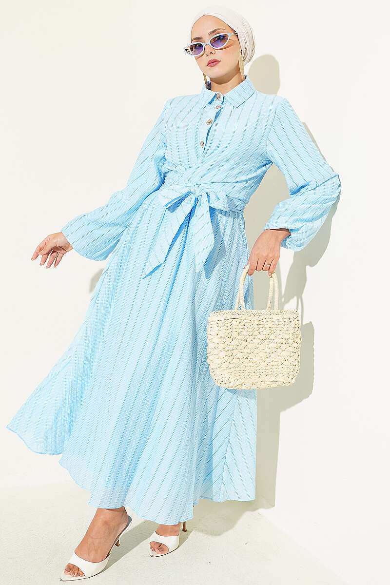 Two-Piece Skirt Set with Gold Buttons and Front Tie - Light Blue