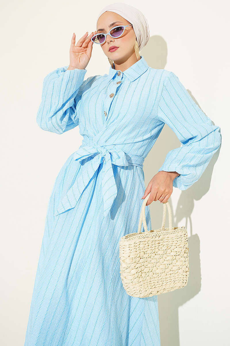 Two-Piece Skirt Set with Gold Buttons and Front Tie - Light Blue