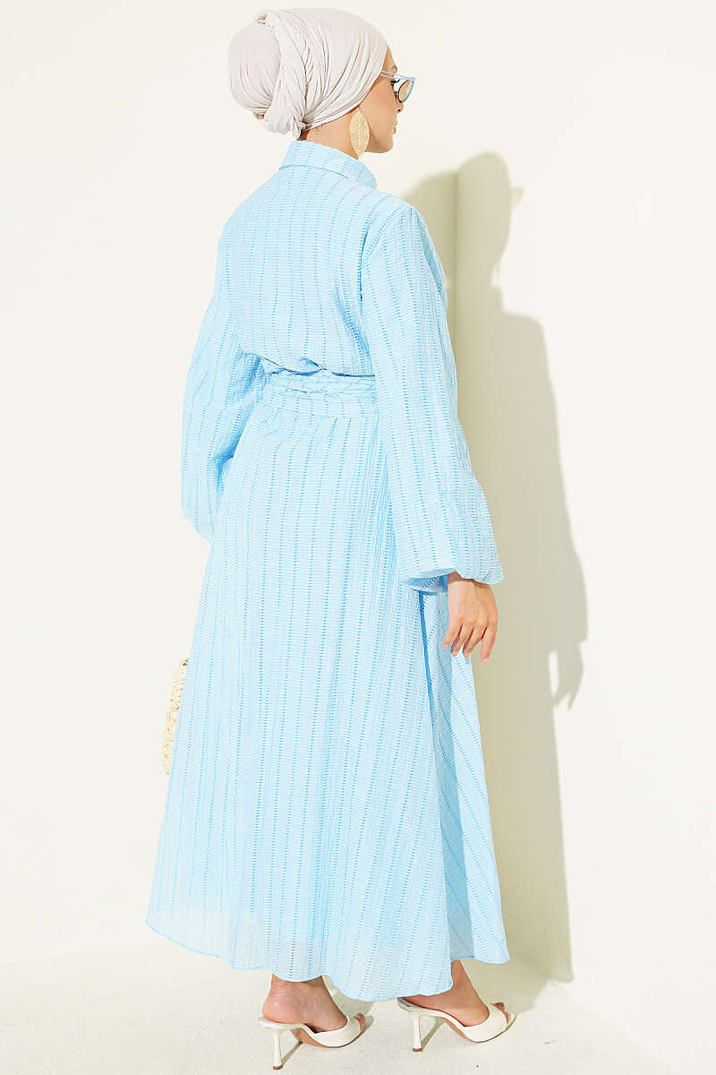 Two-Piece Skirt Set with Gold Buttons and Front Tie - Light Blue