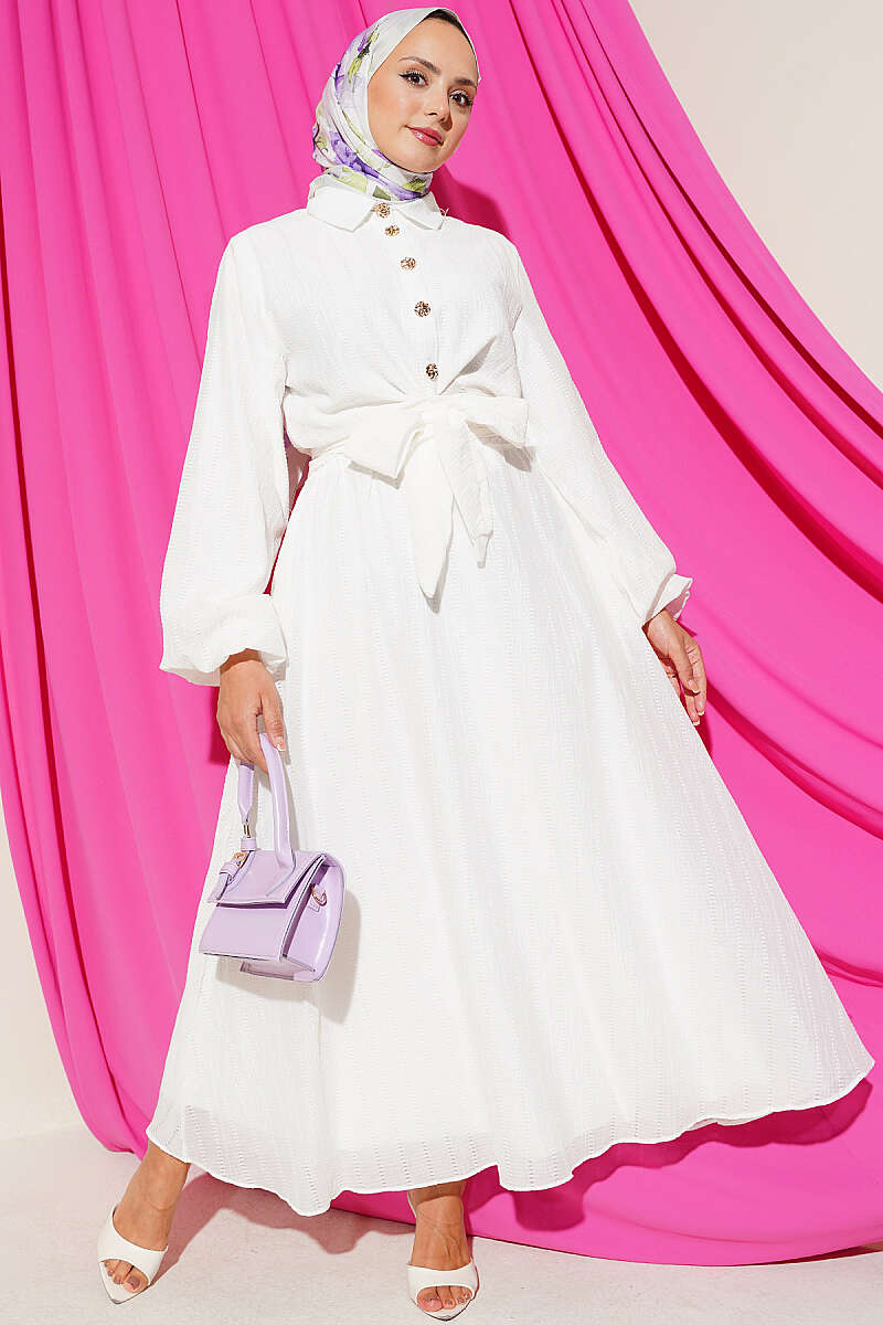 Two-Piece Skirt Set with Gold Buttons and Front Tie - Ecru