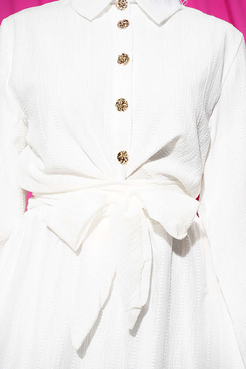 Two-Piece Skirt Set with Gold Buttons and Front Tie - Ecru