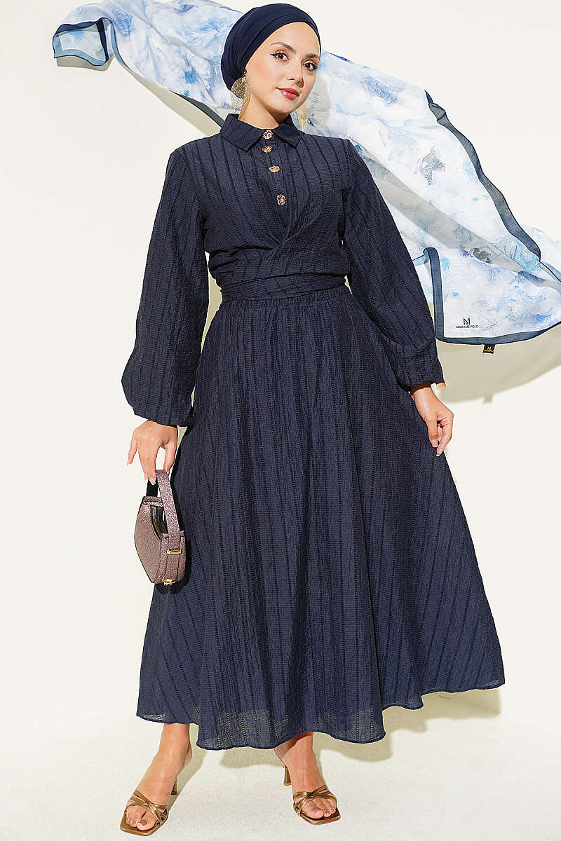 Two-Piece Skirt Set with Gold Buttons and Front Tie - Navy