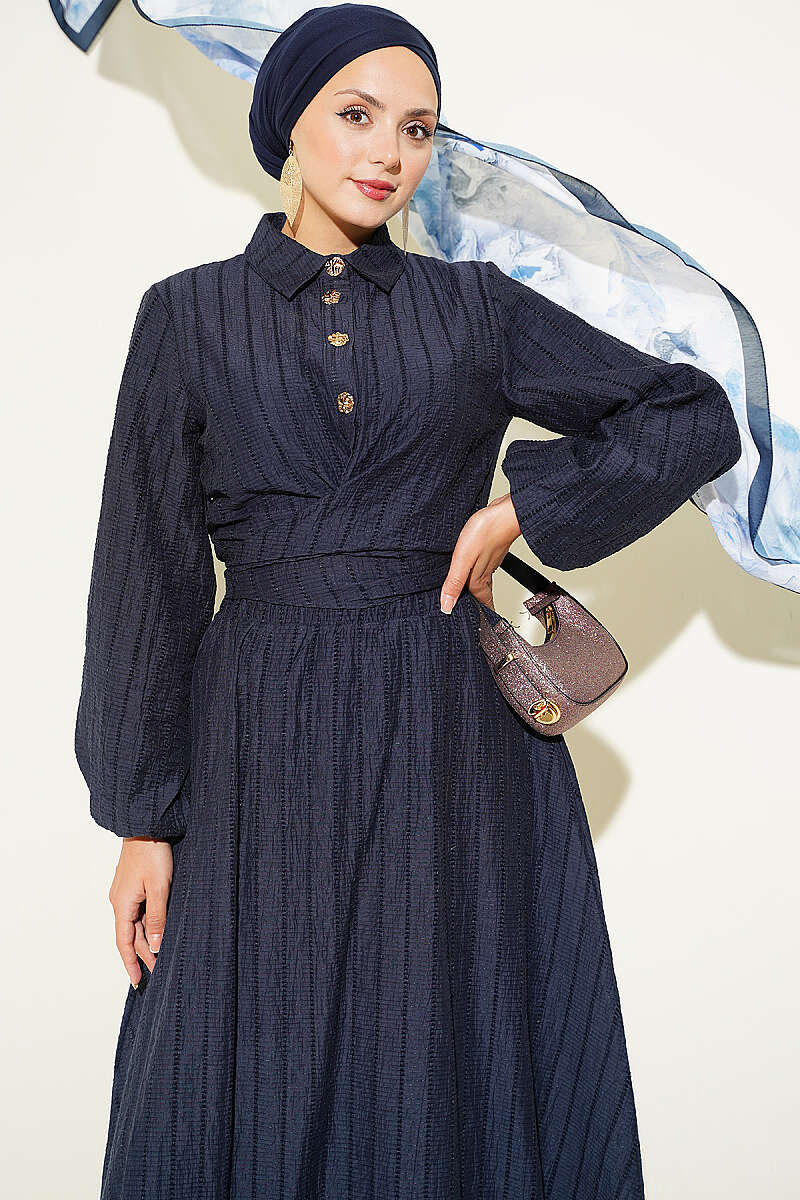Two-Piece Skirt Set with Gold Buttons and Front Tie - Navy