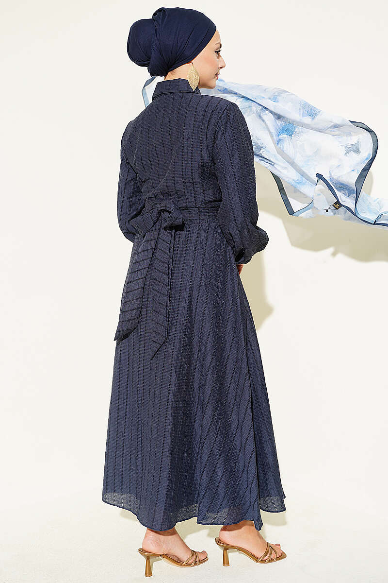Two-Piece Skirt Set with Gold Buttons and Front Tie - Navy