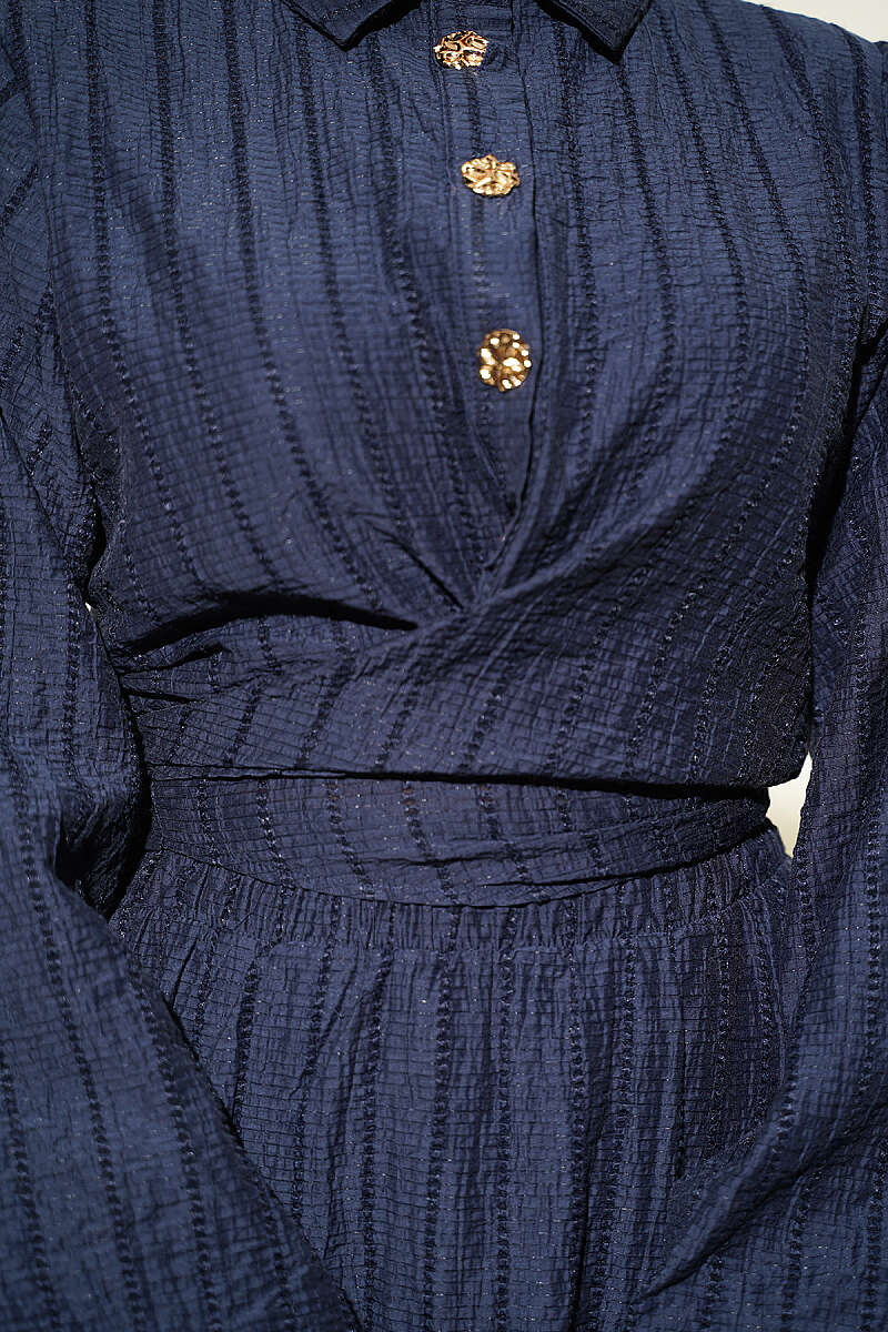 Two-Piece Skirt Set with Gold Buttons and Front Tie - Navy