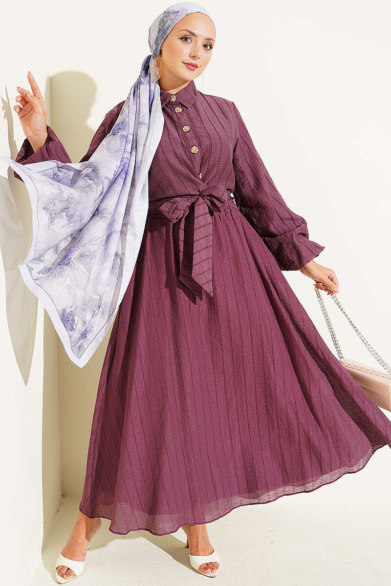 Two-Piece Skirt Set with Gold Buttons and Front Tie - Magenta