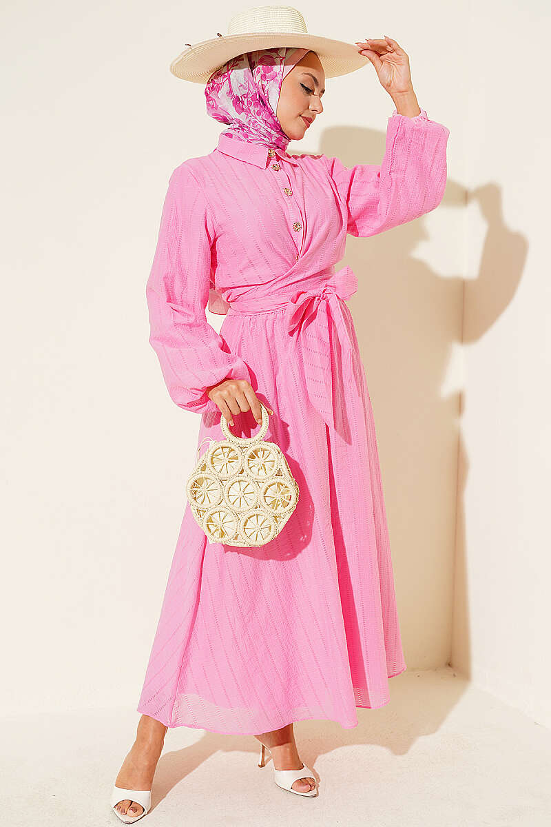 Two-Piece Skirt Set with Gold Buttons and Front Tie - Pink