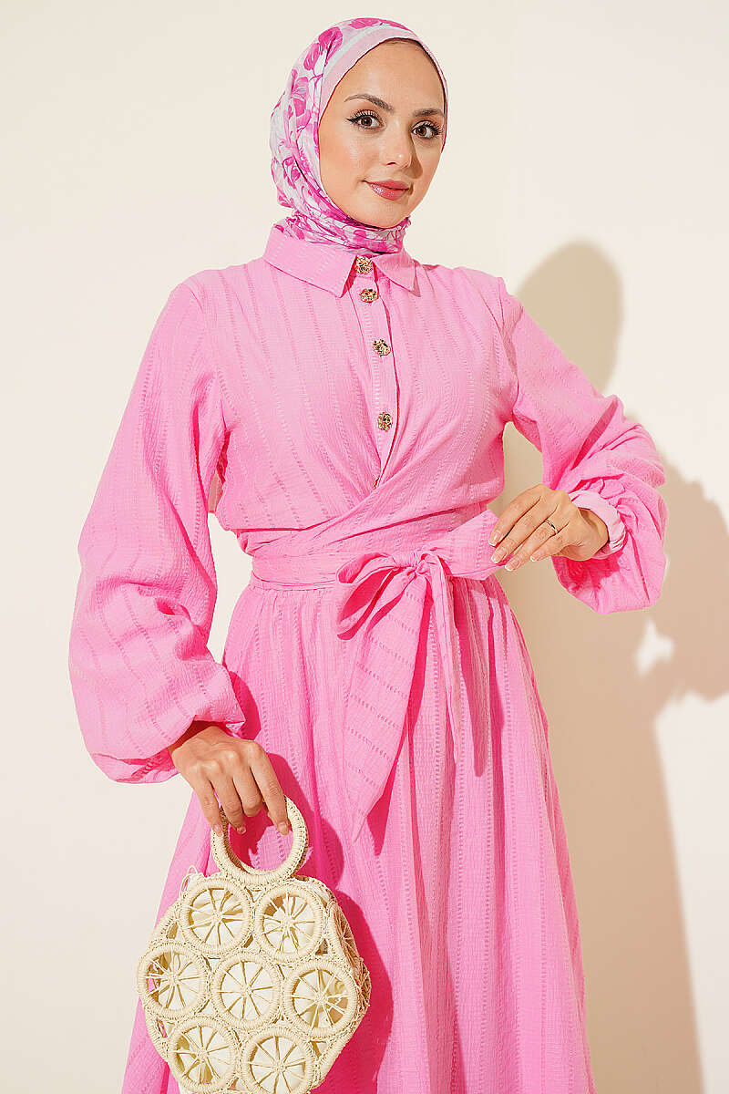 Two-Piece Skirt Set with Gold Buttons and Front Tie - Pink