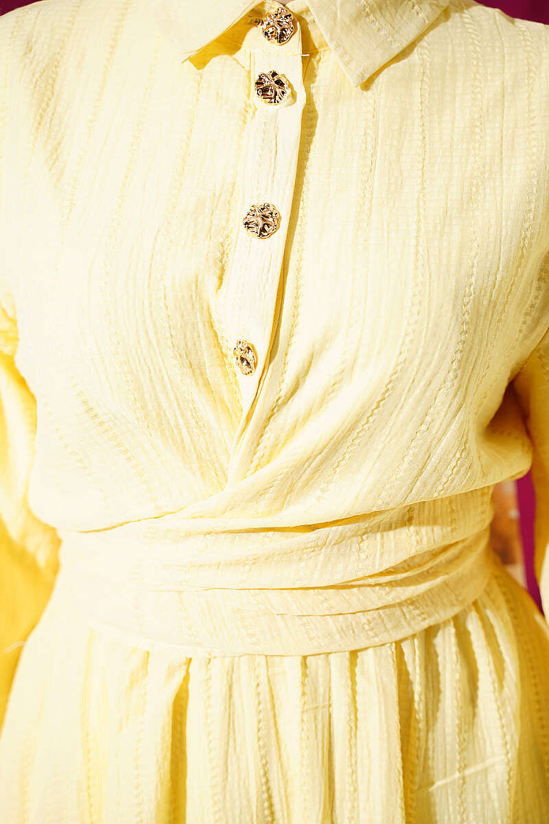 Two-Piece Skirt Set with Gold Buttons and Front Tie - Yellow