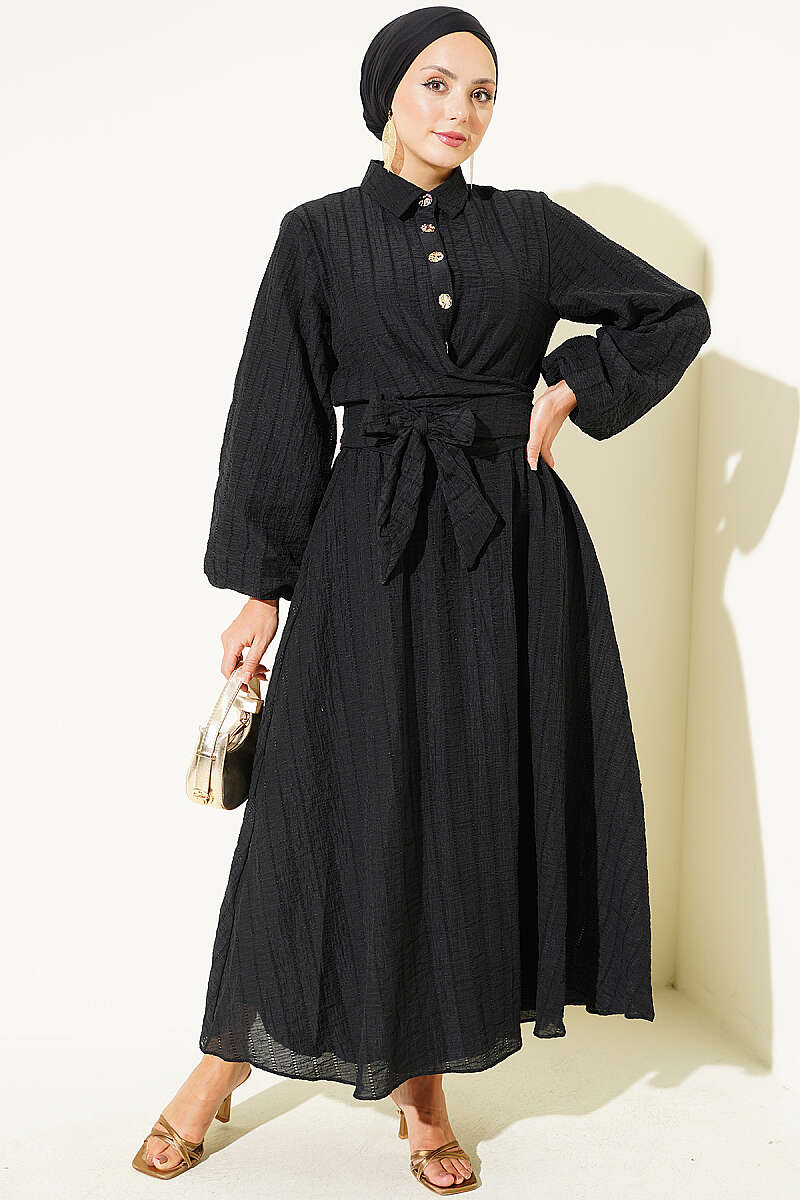 Two-Piece Skirt Set with Gold Buttons and Front Tie - Black