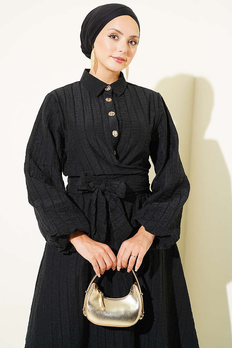 Two-Piece Skirt Set with Gold Buttons and Front Tie - Black