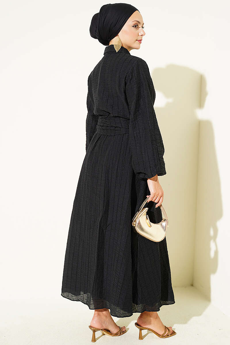 Two-Piece Skirt Set with Gold Buttons and Front Tie - Black