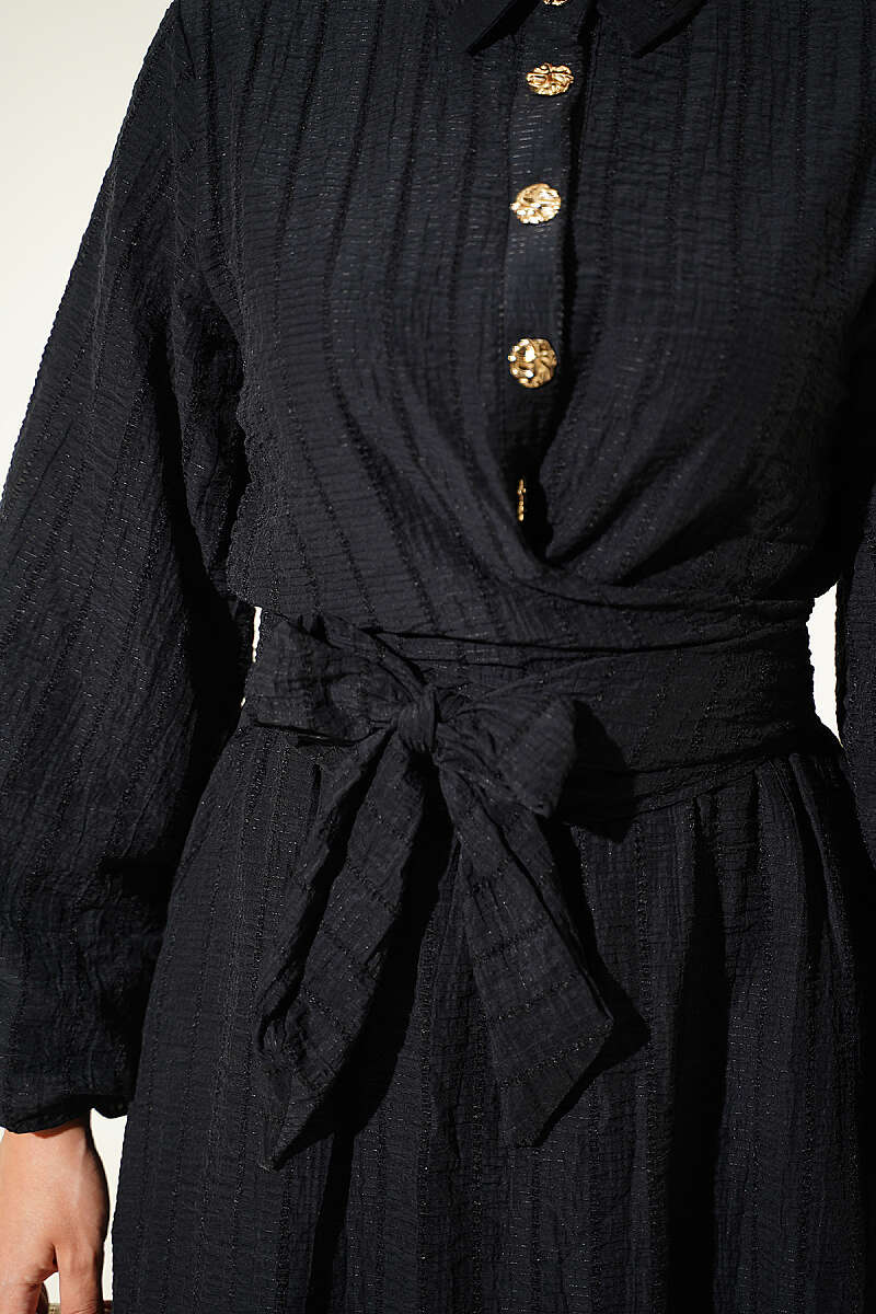 Two-Piece Skirt Set with Gold Buttons and Front Tie - Black