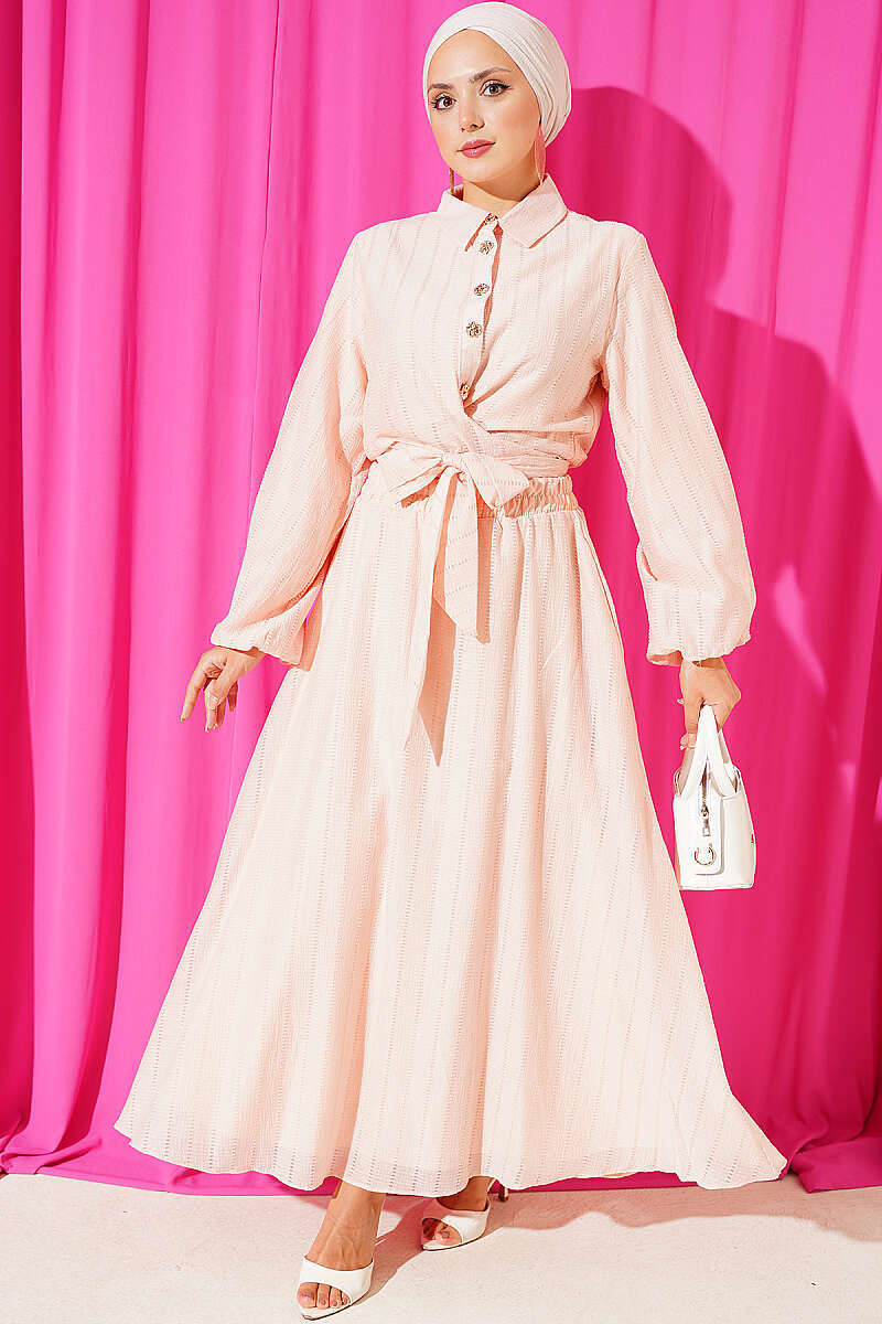 Two-Piece Skirt Set with Gold Buttons and Front Tie - Salmon