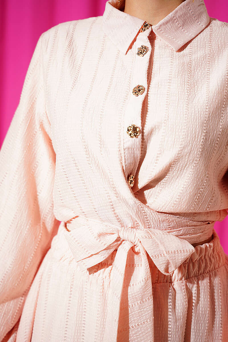 Two-Piece Skirt Set with Gold Buttons and Front Tie - Salmon