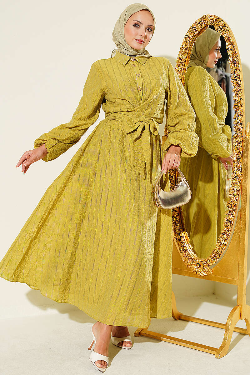 Two-Piece Skirt Set with Gold Buttons and Front Tie - Olive