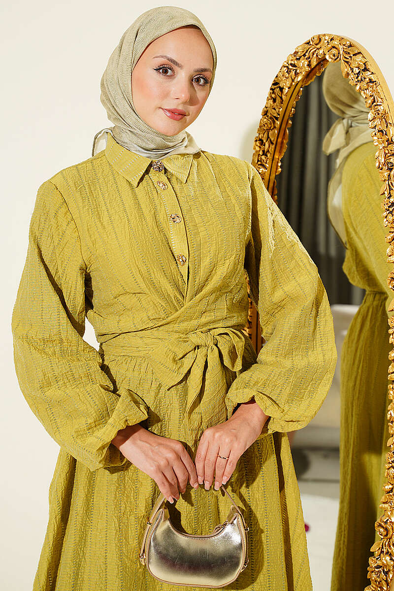 Two-Piece Skirt Set with Gold Buttons and Front Tie - Olive