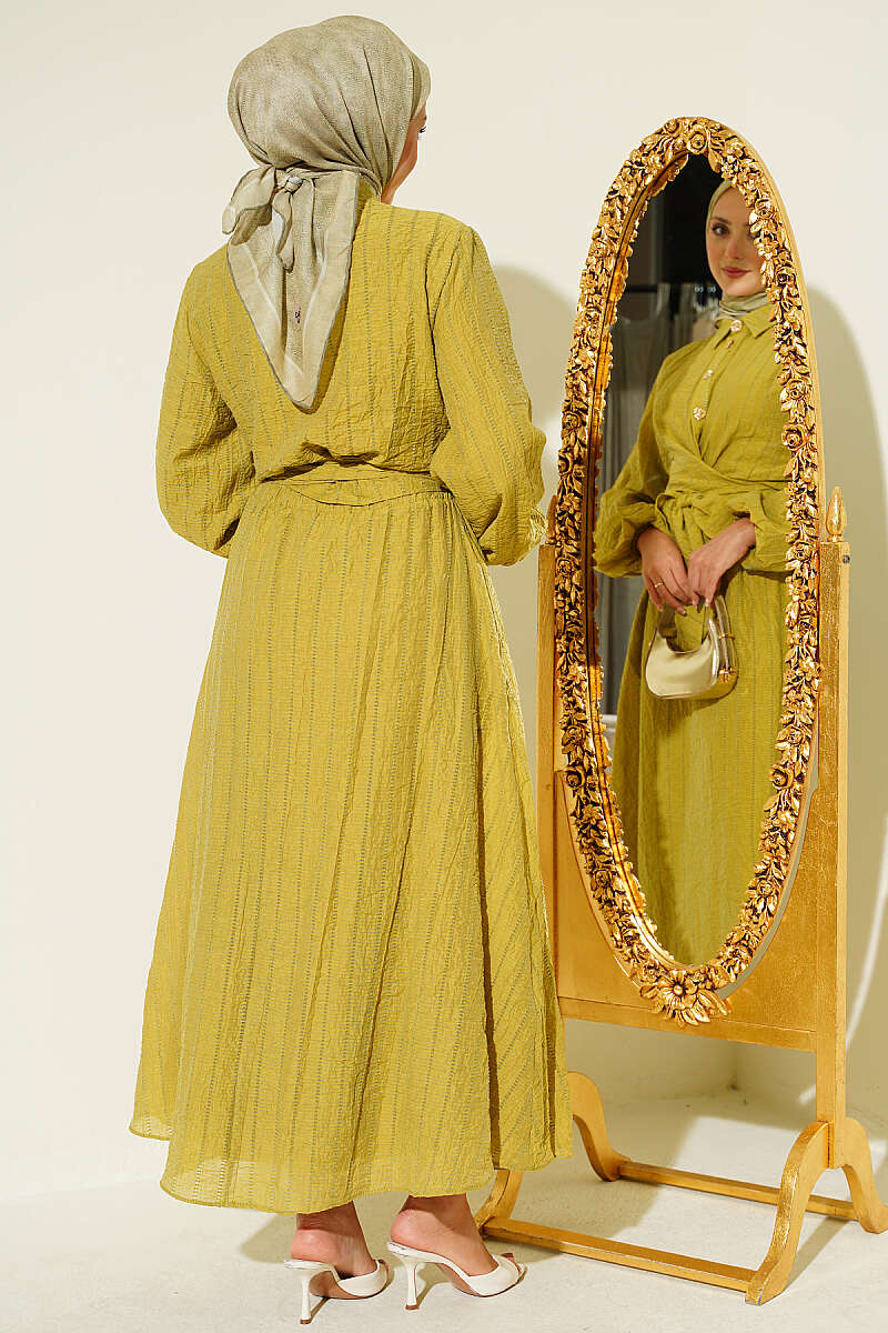 Two-Piece Skirt Set with Gold Buttons and Front Tie - Olive