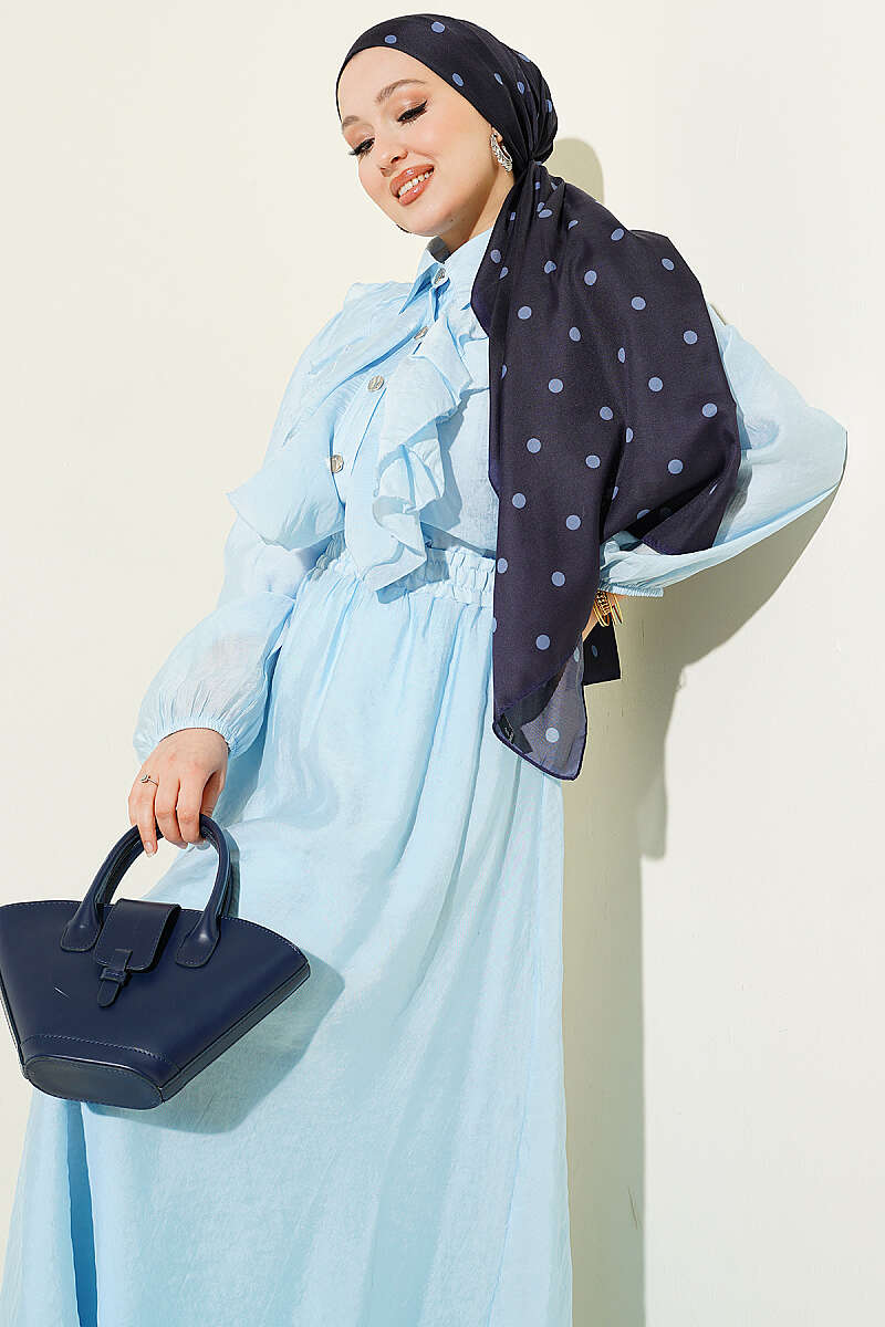 Skirt Set with Gold Buttons and Ruffled Front - Light Blue