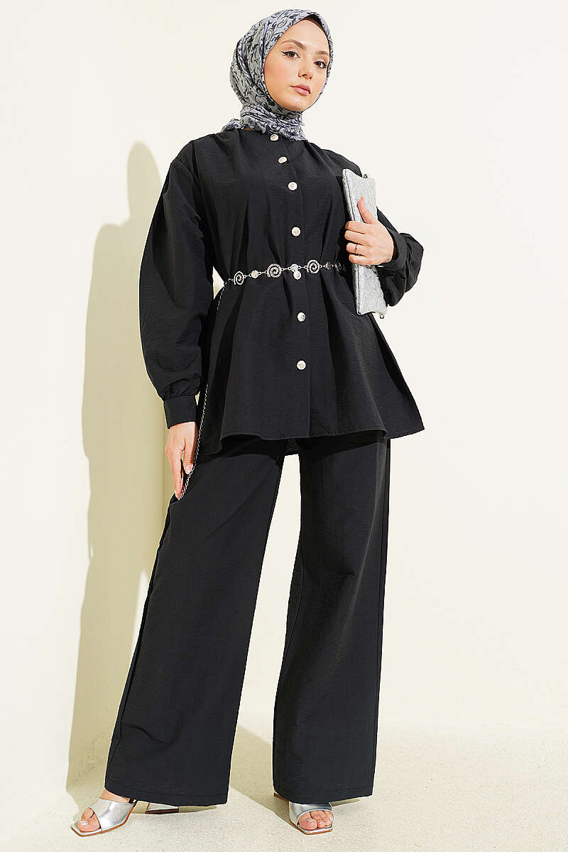 Parachute Two-Piece Set with Gold Buttons - Black