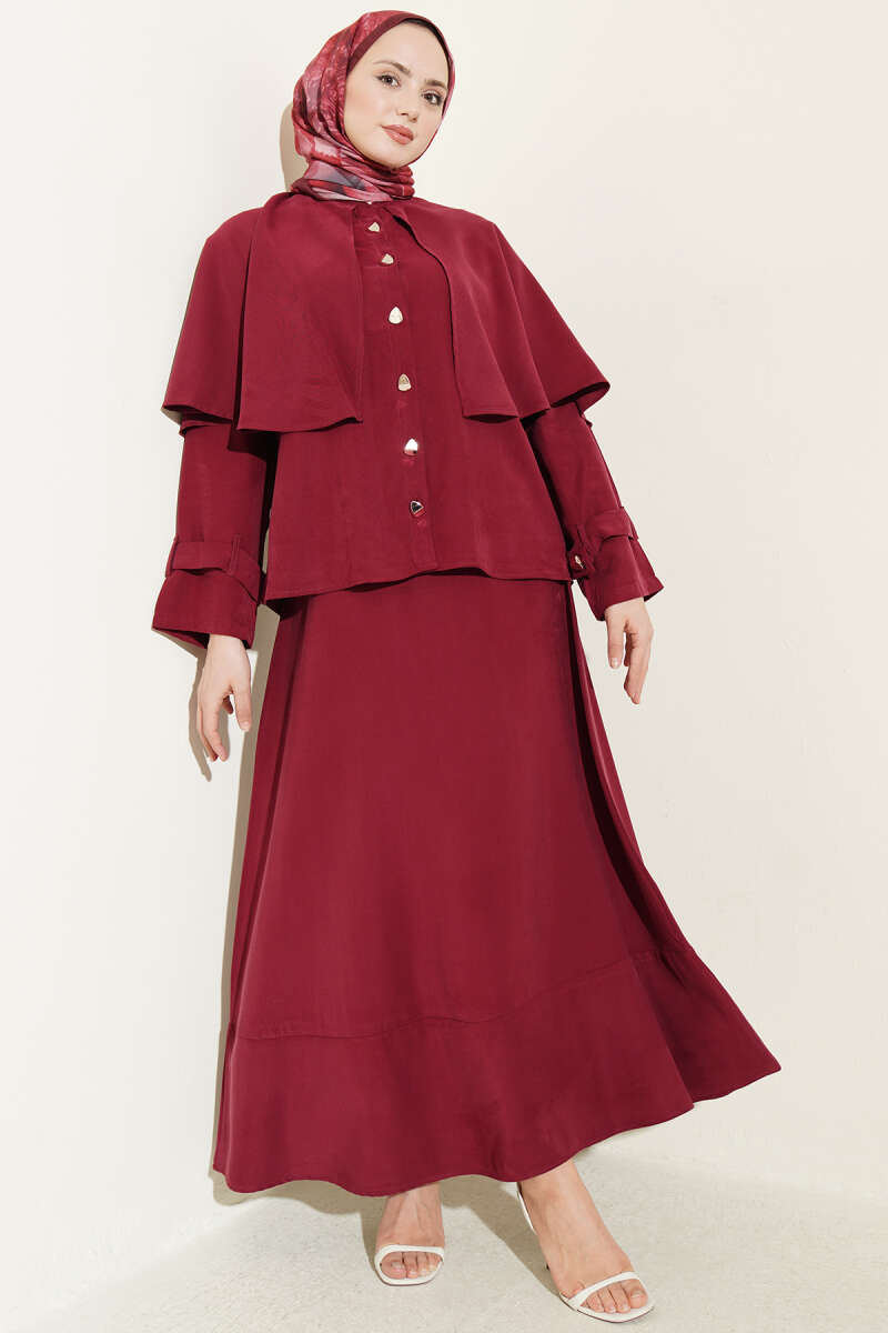 Tencel Skirt Set with Cape and Gold Buttons - Burgundy