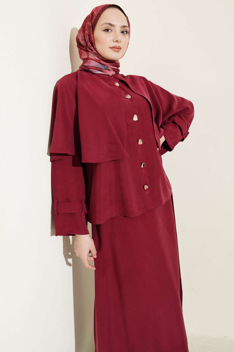 Tencel Skirt Set with Cape and Gold Buttons - Burgundy