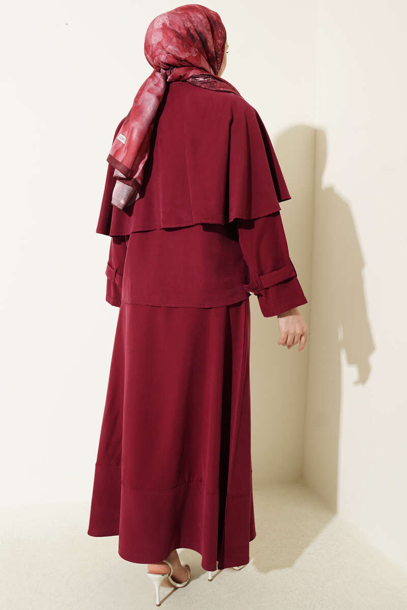 Tencel Skirt Set with Cape and Gold Buttons - Burgundy