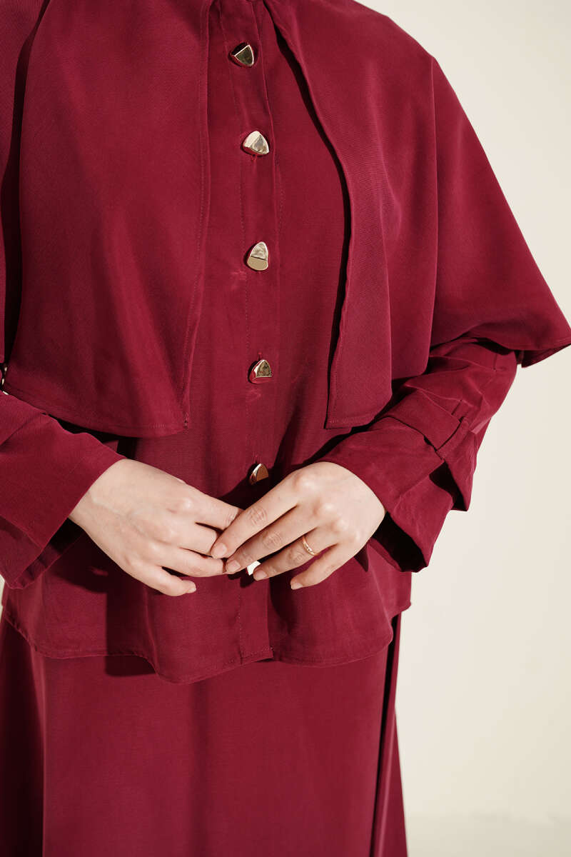 Tencel Skirt Set with Cape and Gold Buttons - Burgundy
