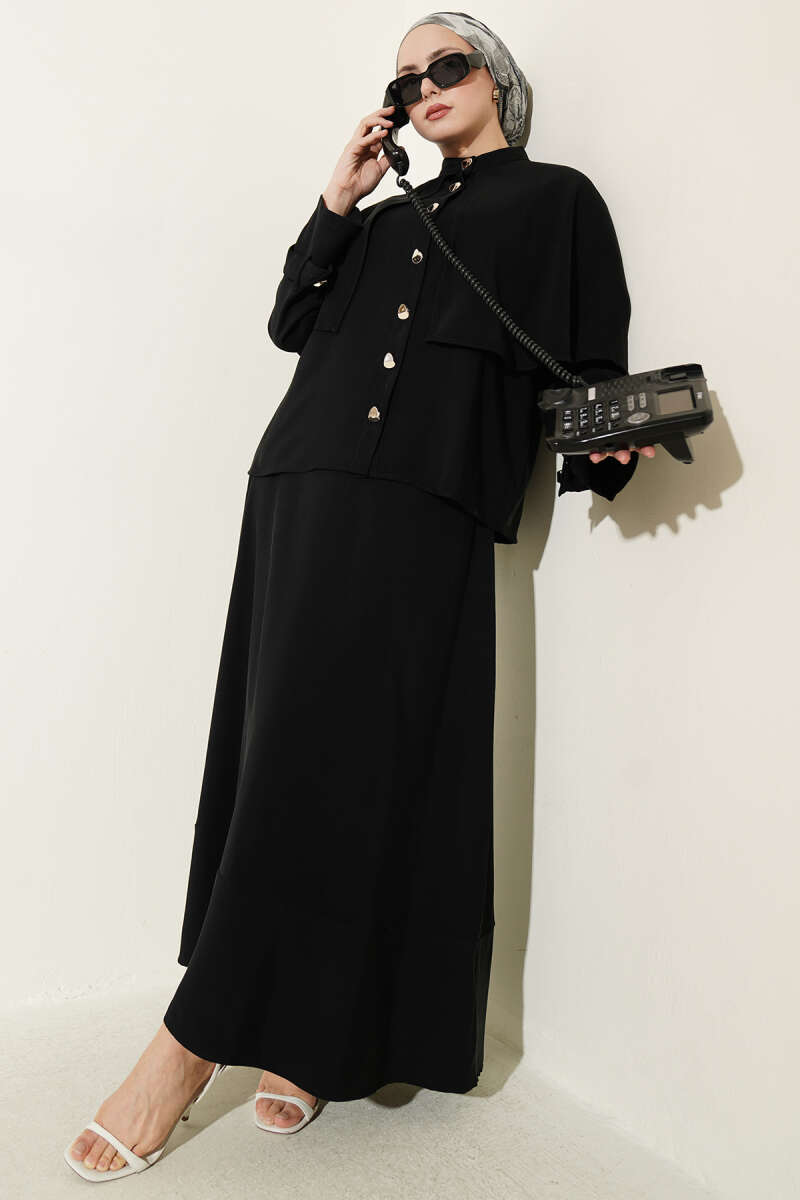 Tencel Skirt Set with Cape and Gold Buttons - Black