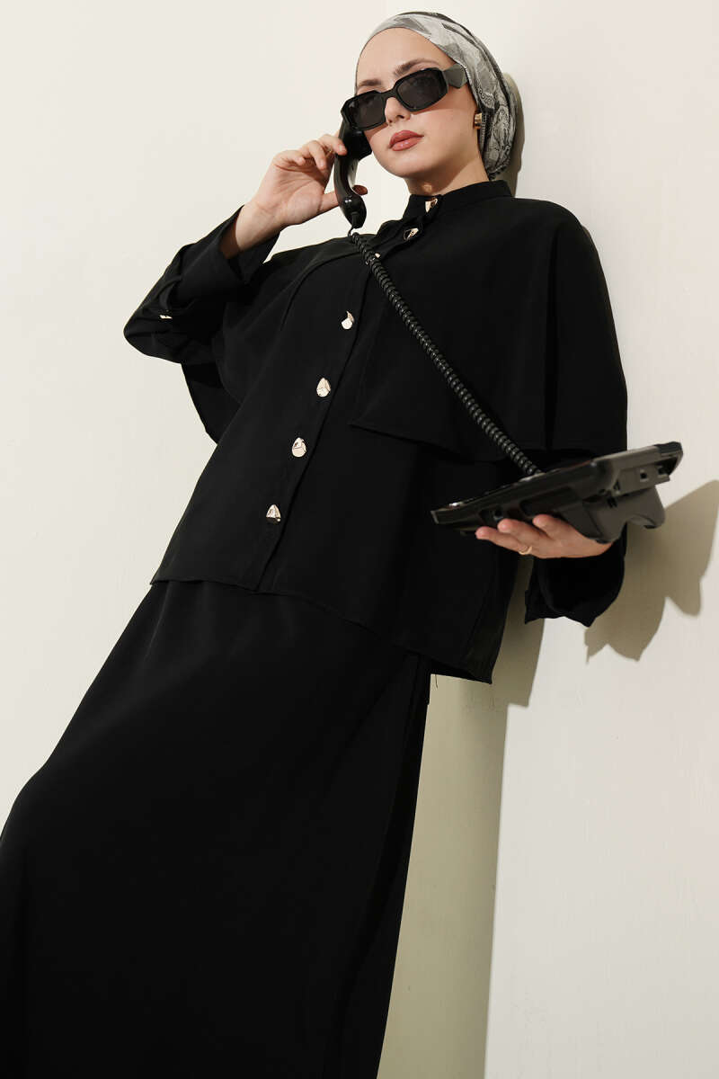 Tencel Skirt Set with Cape and Gold Buttons - Black