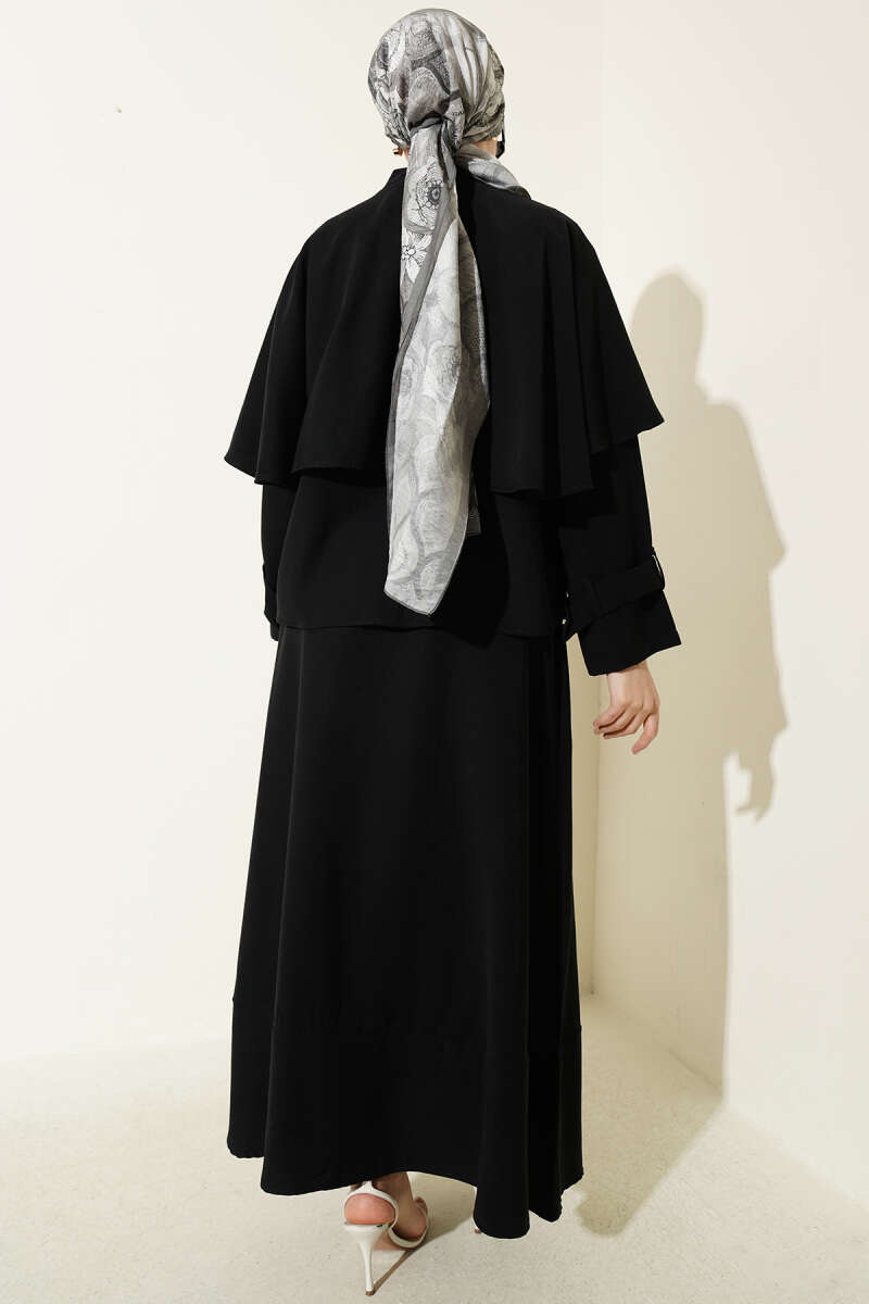 Tencel Skirt Set with Cape and Gold Buttons - Black