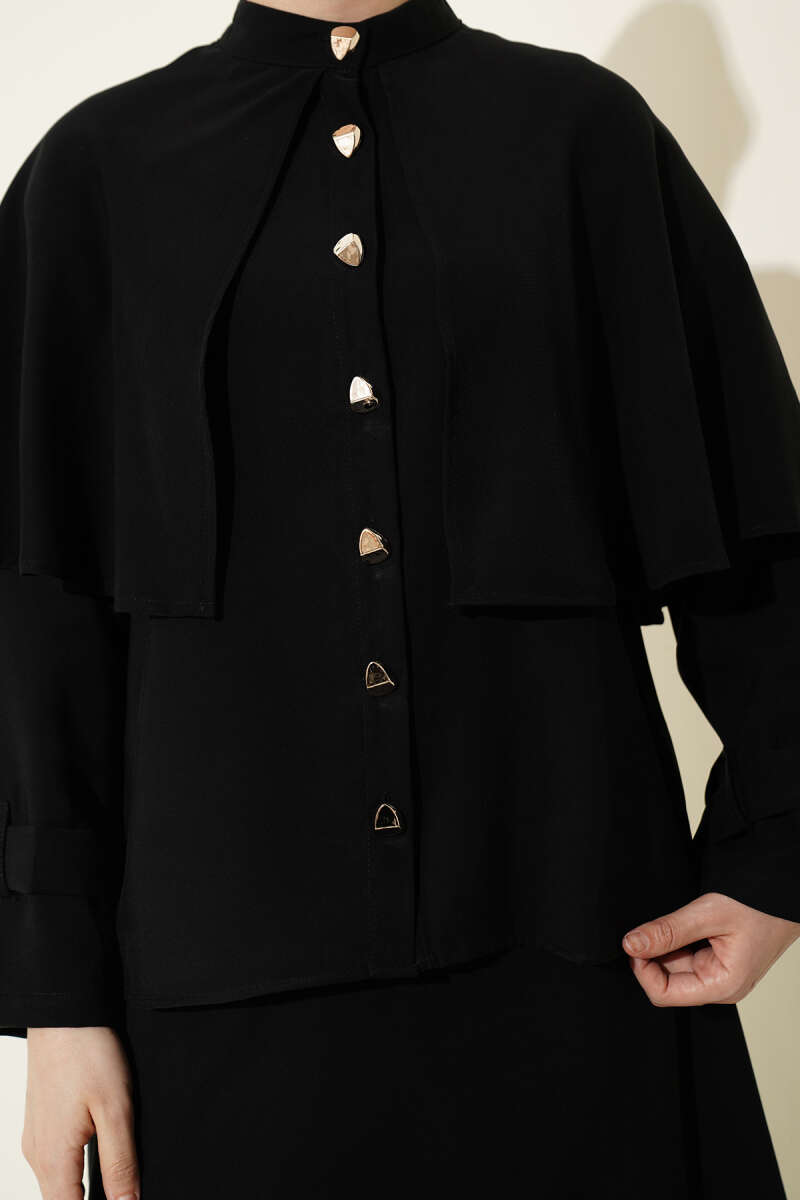 Tencel Skirt Set with Cape and Gold Buttons - Black
