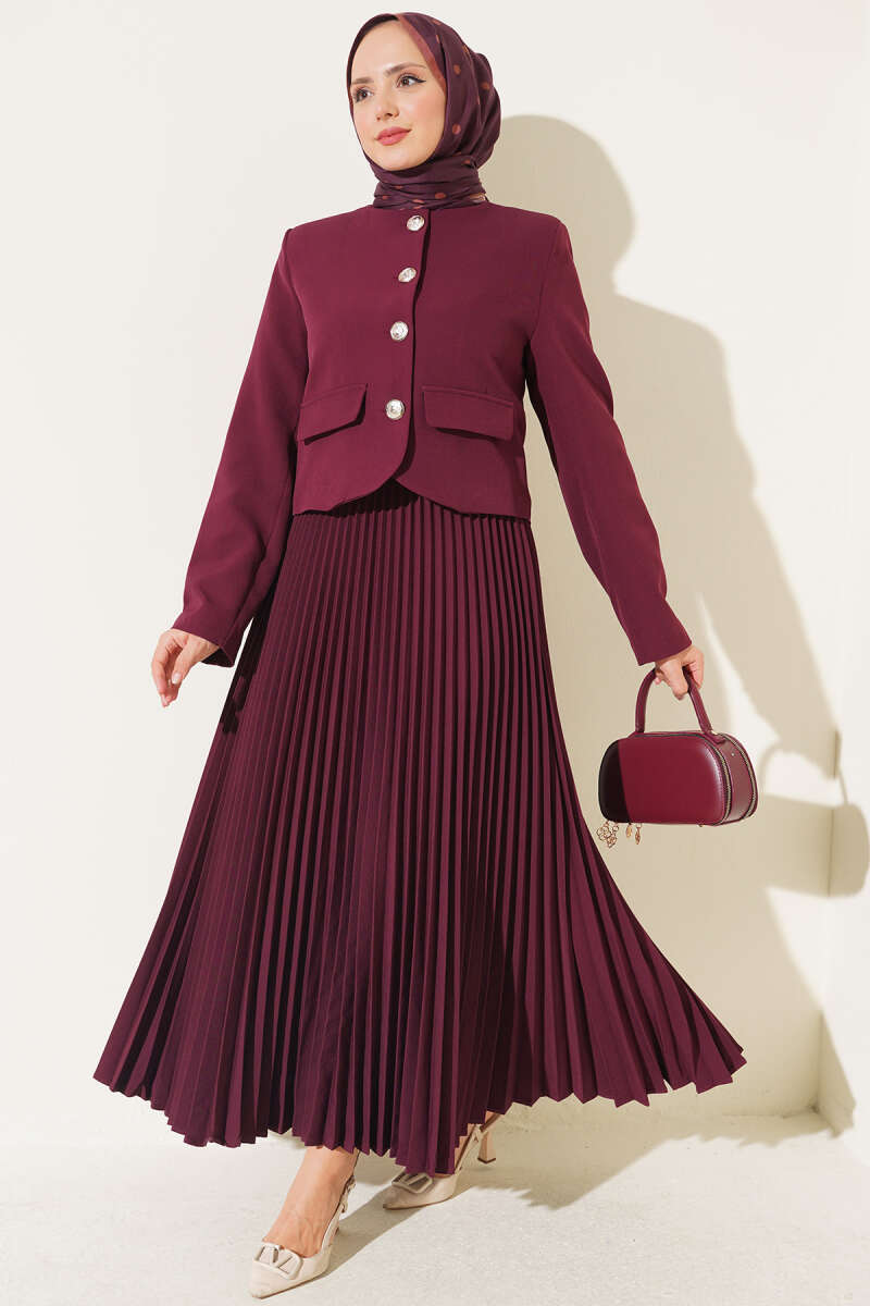 Pleated Skirt Set with Gold Buttons - Burgundy