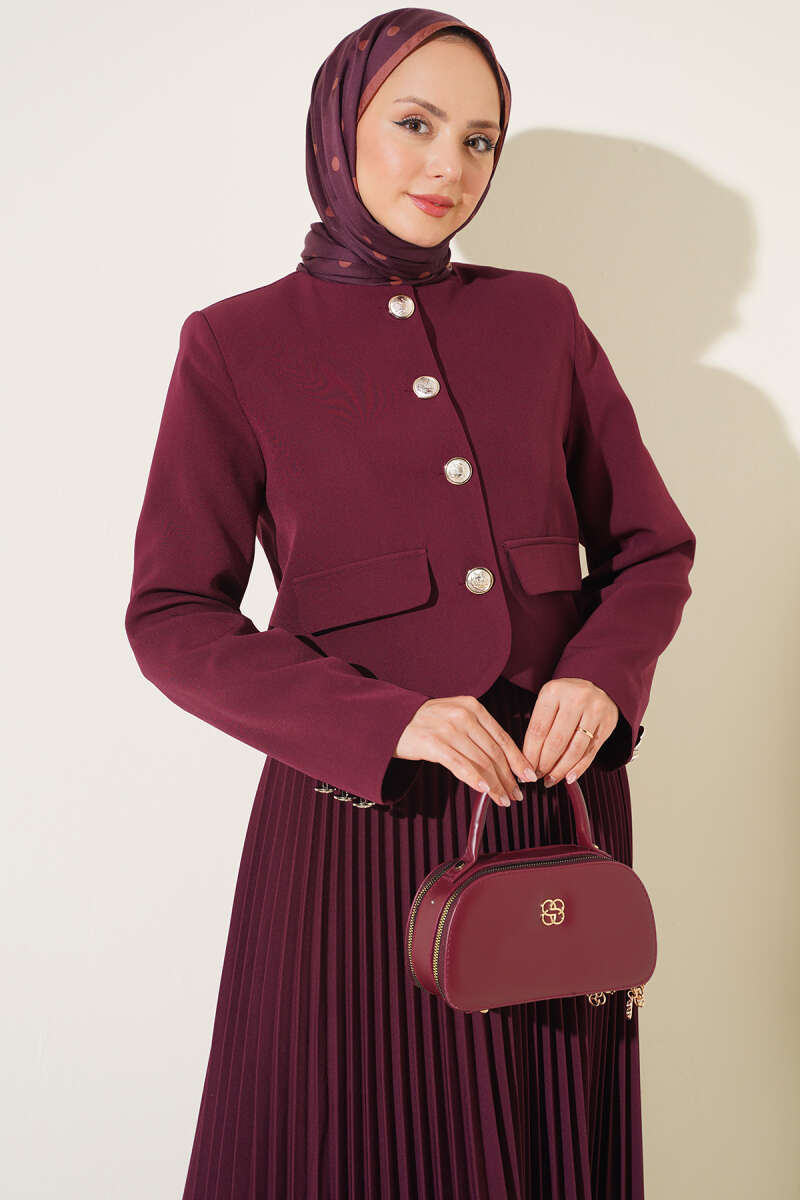 Pleated Skirt Set with Gold Buttons - Burgundy