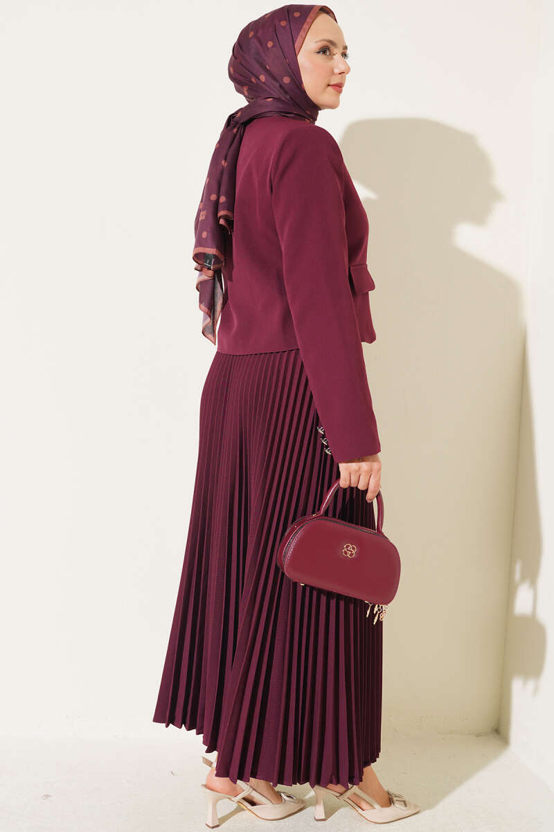 Pleated Skirt Set with Gold Buttons - Burgundy